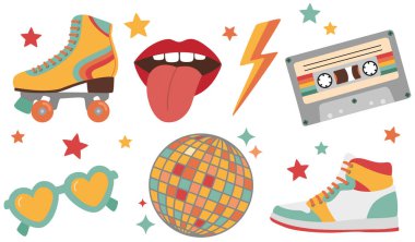 80-90 'lardan kalma retro disko objeleri. Düz biçimli vektör renkli illüstrasyon