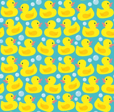 Şirin plastik ördekler ve sabun köpükleriyle kusursuz desen. Vektör düz renkli arkaplan.