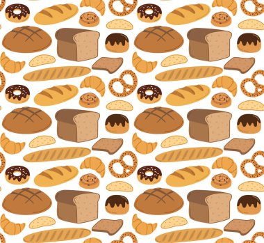 Farklı ekmek türleriyle kusursuz desen. Fırın çavdar ürünleri, dilimlenmiş ekmek, Fransız ekmeği, kruvasan ve simit içeren renkli bir arka plan.