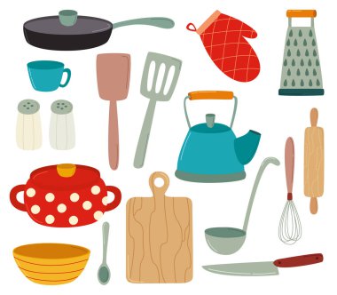 Mutfak gereçleri ve yemek takımları. Düz biçimdeki basit vektör ögeleri