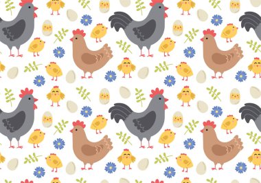 Güzel bir tavuk, civciv, horoz, yumurta ve bitkilerle renksiz bir desen. Vektör karikatür arkaplanı düz stil