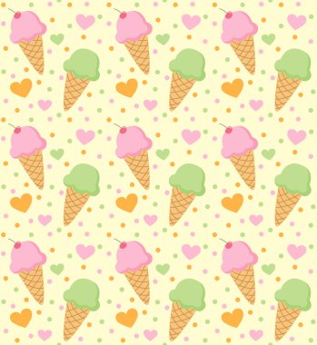 Dondurmalı ve kalpli kusursuz çizgi film deseni. Düz biçimli renkli vektör arkaplanı