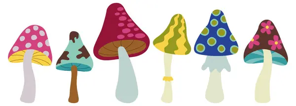 Parlak psikedelik mantarların vektör çizimi. Düz tarzda bir dizi hippi ve funky elementler