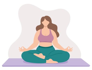 Yoga yapan iri yarı bir kadının vektör çizimi. Nilüfer pozisyonunda oturan düz stil vücut pozitifi