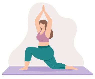 Yoga yapan iri yarı bir kadının vektör çizimi. Düz stil vücut pozitifliği