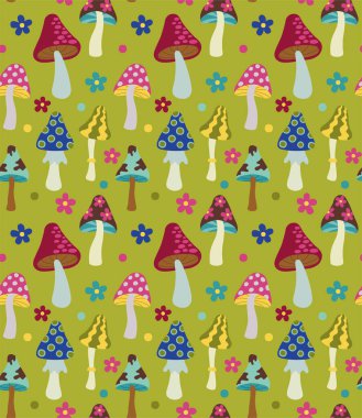 Psikedelik mantar ve çiçeklerle kusursuz bir desen. Hippi funky elementler ile vektör renkli retro arkaplan.