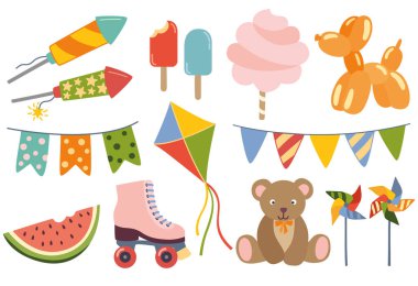 Farklı çizgi filmlerdeki eğlenceli objeler. Düz biçimli vektör renkli elementler