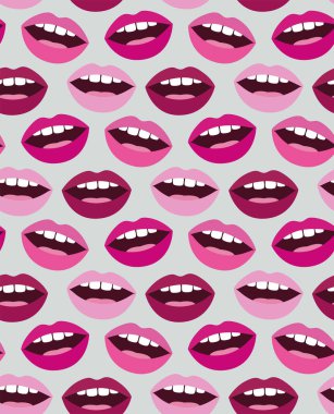 Pembenin farklı tonlarında dudakları olan kusursuz bir desen. Düz stil, ağız ve dişlerle dolu renkli bir arkaplan..