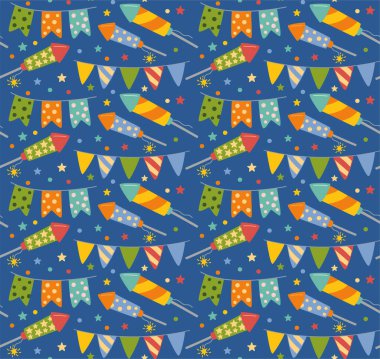 Parti dekorasyonu, afişleri ve havai fişeklerle renksiz, eğlenceli bir şablon. Düz biçimli koyu mavi arkaplan