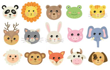 Şirin yüzlü hayvan koleksiyonu. Çizgi film karakterlerinin el çizimi vektör çizimi
