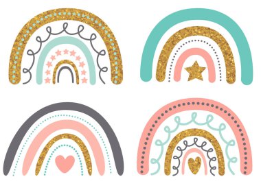 Pastel renkler ve altın rengi İskandinav boho gökkuşağı seti. Düz biçimli vektör renkli elementler