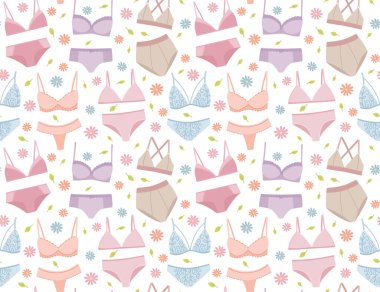 Kadın kıyafetlerinin çeşitli detaylarıyla kusursuz bir desen. Giysi ögeleri ile vektör çevresi.