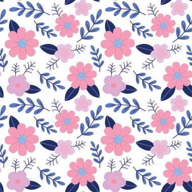 Çiçekler ve yapraklarla kusursuz bir el çizimi. Vektör renkli arkaplan