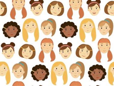 Güzel kızın gülümseyen yüzüyle kusursuz çizgi film deseni. Düz biçimli vektör renk arkaplanı