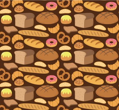 Farklı ekmeklerle kusursuz desen. Fırın çavdar ürünleri, dilimlenmiş ekmek, Fransız ekmeği, kruvasan ve simit içeren renkli bir arka plan.