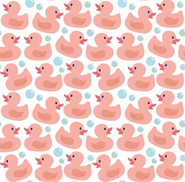 Pembe plastik ördekler ve sabun köpükleriyle kusursuz desen. Renkli vektör arkaplanı.