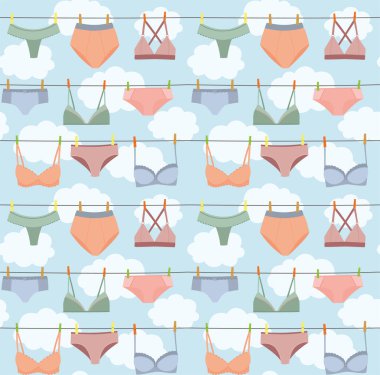Çamaşır mandalları ve bulutlarla kurumuş çeşitli kadın iç çamaşırlarıyla kusursuz bir desen. Tatlı çizgi film vektör arkaplanı