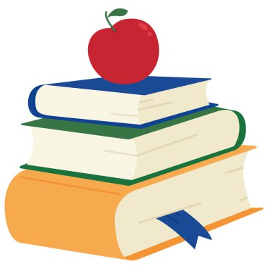 Üstünde elma olan bir yığın renkli kitap var. Edebiyat, eğitim konsepti, izole edilmiş düz vektör çizimi
