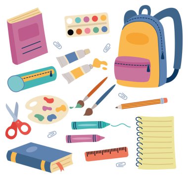 Renkli karikatür okul malzemeleri seti. Düz biçimdeki elementlerin vektör illüstrasyonu