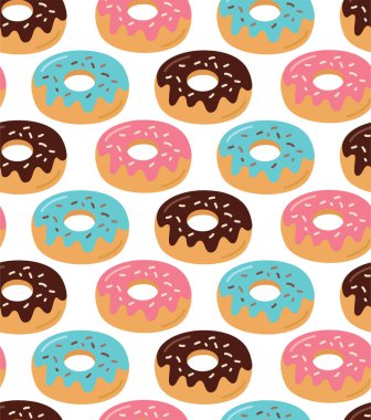 Renkli jöleli donutların kusursuz deseni. Düz biçimli vektör renkli arkaplan