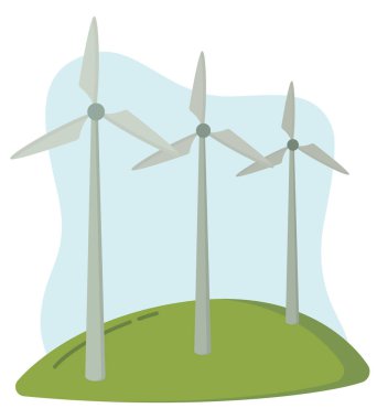 Yeşil alandaki rüzgar türbinlerinin vektör düz çizimi. Yeşil elektrik kavramı