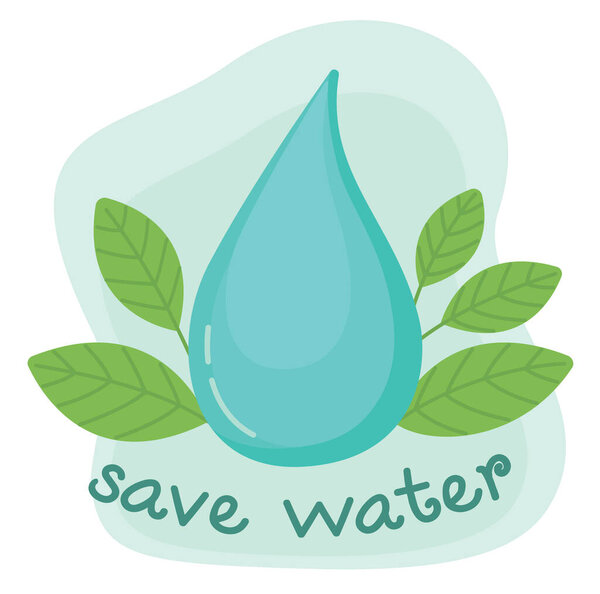 Векторная иллюстрация голубой капли воды, окруженной зелеными листьями. Концепция пивной воды в плоском стиле