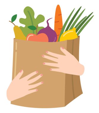 Kadın ellerinin organik yiyeceklerle dolu kahverengi bir kese kağıdını tutmasının vektör çizimi. Düz biçimli çevre dostu paket kavramı