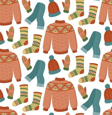 Renkli, şirin örülmüş kıyafetleri olan kusursuz bir desen. Yünlü şapka, atkı, süveter, eldivenler ve çoraplarla el çizimi arka plan