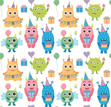 Farklı renkte canavarlarla kusursuz bir düzen. Tatlı doğum günü karakterleri olan arkaplan