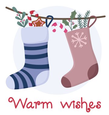 Bitki ve şekerli Noel çoraplarının şirin bir çizimi. El yapımı kış konsepti