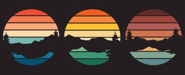 70 'lerin tarzı çizgili arka plan seti. Dağ manzaralı soyut gündoğumu logoları. Vektör illüstrasyonu