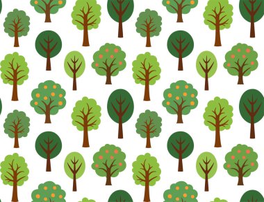 Şirin, basit meyve ağaçlarıyla kusursuz bir desen. Düz biçimli vektör arkaplanı