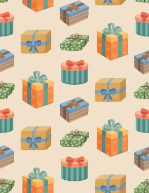 Farklı kutularla kusursuz desen. El çizimi tatil hediyelerinin sevimli arka planı