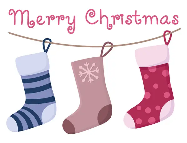 İpe asılı şirin Noel çorapları. El çizimi tatil kartı.