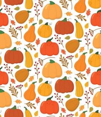 Tatlı balkabakları, yaprakları ve dalları olan kusursuz sonbahar deseni. Renkli samimi sonbahar arkaplanı