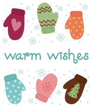 Sıcak renkli eldivenleri ve kar taneleri olan basit bir kart. El çizimi tatil konsepti