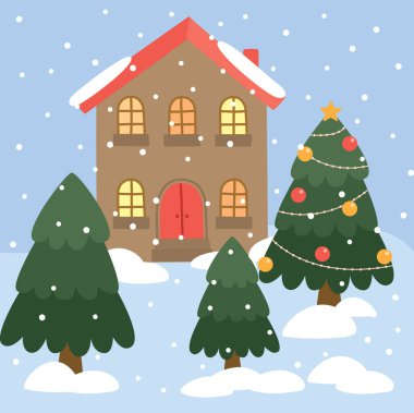 Kış manzarası, bir ev, Noel ağaçları ve kar. Sevimli düz çizim