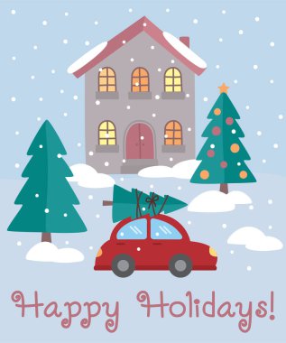 Şirin bir ev, çam ağaçları ve Noel ağacı taşıyan bir araba. İyi tatiller.