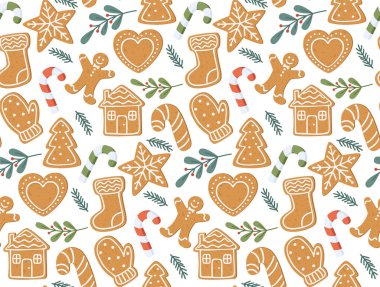 Seamless pattern with gingerbread cookies, candies and green branches. Vector Christmas background clipart