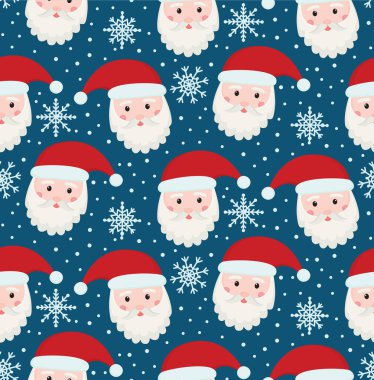 Güzel Noel Baba yüzleri ve kar taneleri olan kusursuz bir desen. Vektör Noel arkaplanı