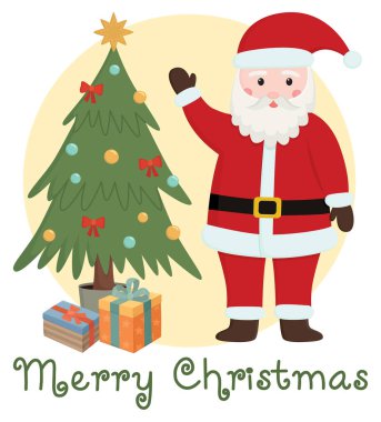Noel Baba ve Noel ağacı hediye kutularıyla. Kart ve diğer grafik tasarımı için el çizimi tatil kavramı