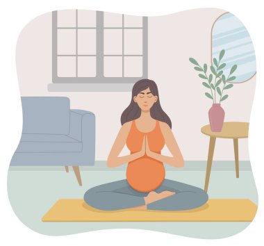 Evde yoga yapan hamile bir kadının vektör çizimi. Düz biçimdeki fiziksel uygulamanın önlenmesi