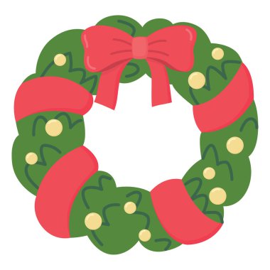 Kırmızı kurdeleli ve sarı taşaklı Noel çelengi. Sevimli tatil nesnesi