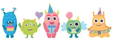 Şenlik nitelikli çizgi film canavarları. Komik renkli doğum günü karakterleri.