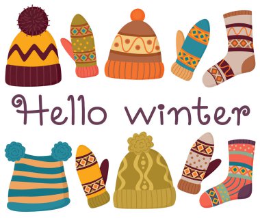 Renkli şapkalar, çoraplar ve desenli eldivenler. Merhaba kart ya da afişler için kış konsepti