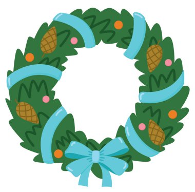 Mavi kurdeleli, konili ve fiyonklu Noel çelengi. Güzel bir kış tatili süsü.