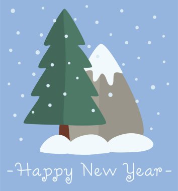 Noel ağacı, dağ ve kar. Kart veya pankart için düz biçimdeki vektör illüstrasyonu