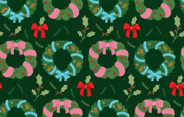 Noel çelenkleri ve dalları olan kusursuz yeşil bir arka plan. Hoş dekorasyon ve fiyonklu tatil el çizimi deseni