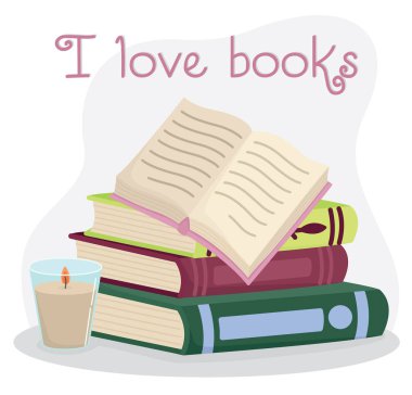 Bir yığın kitap ve mum içeren ozi bir kompozisyon. Yazılı edebiyat ile şirin eğitim kavramı