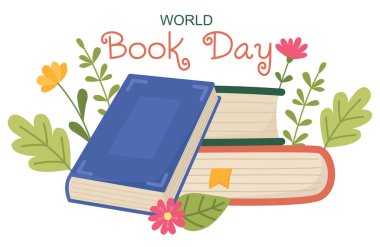 Kitap, yaprak ve çiçeklerle dolu renkli düz çizimler. Dünya kitap günü için hoş bir konsept..